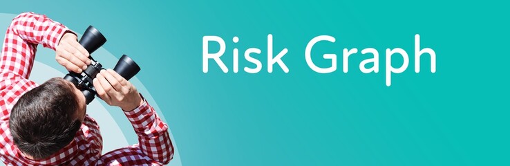 Naklejka premium Risk Graph. Businessman (man) looks through binoculars. Birds eye view. Focus on text. Blue Background. Business, Finance, Statistics, Analysis, Economy