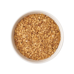 Płatki gryczane w misce widok z góry, wyizolowane białe tło