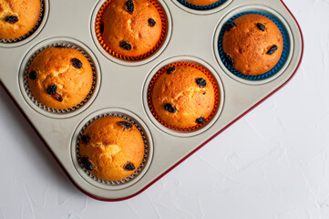 Raisin muffins in a oven tray, close-up
