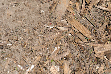 small pieces of wood on the ground . brown wooden background