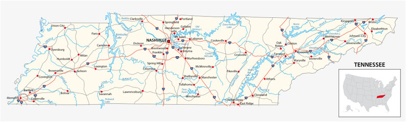 road map of the US American State of Tennessee - obrazy, fototapety, plakaty