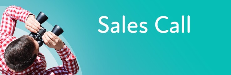 Naklejka premium Sales Call. Businessman (man) looks through binoculars. Birds eye view. Focus on text. Blue Background. Business, Finance, Statistics, Analysis, Economy