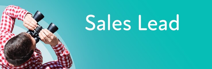 Fototapeta premium Sales Lead. Businessman (man) looks through binoculars. Birds eye view. Focus on text. Blue Background. Business, Finance, Statistics, Analysis, Economy