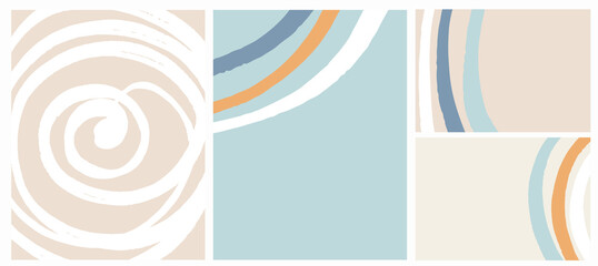 Abstract Geometric Layouts. Irregular Hand Drawn Scribbles on Blue and Light Beige Backgrounds. Funny Simple Creative Design. Infantile Style Stripes and Swirl Graphic.