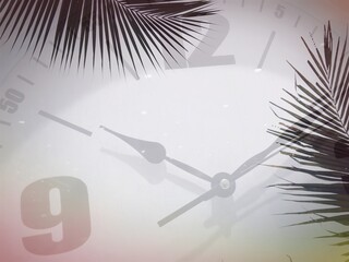 White clock face with coconut leaf as frame border, blank space on clock face.