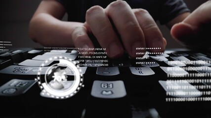 Man working on laptop computer keyboard with graphic user interface GUI hologram showing concepts...