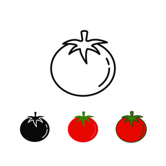 Organic fruit round tomato. Fresh and ripe of red cherry tomato. Juicy vegetable is tomato with leaf.   Tomato icon, vegan, vegetarian, fresh. Vector illustration. Design on white background. EPS10
