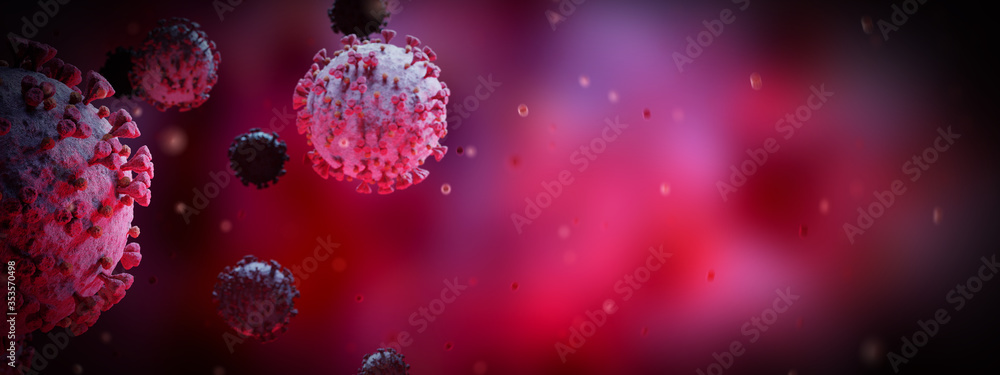 Poster microscopic close-up of the covid-19 disease. coronavirus illness spreading in body cell. 2019-ncov 