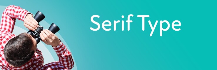 Fototapeta premium Serif Type. Businessman (man) looks through binoculars. Birds eye view. Focus on text. Blue Background. Business, Finance, Statistics, Analysis, Economy