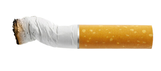 Extinguished cigarette butt, isolated on white background