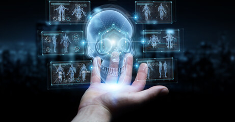 Man hand using digital x-ray skull holographic scan projection 3D rendering