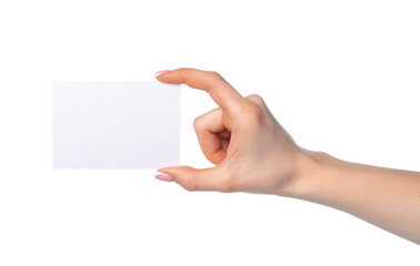 Fototapeta premium Woman's hand with blank white business card isolated on white