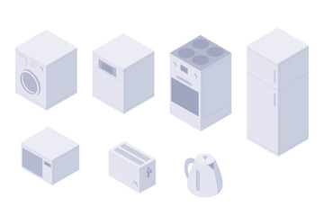 Set of isometric kitchen home utilities. A washing machine, dishwasher, oven, stove, fridge, microwave, toster, kettle. 