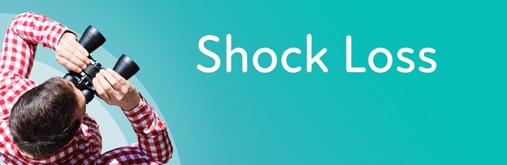 Fototapeta premium Shock Loss. Businessman (man) looks through binoculars. Birds eye view. Focus on text. Blue Background. Business, Finance, Statistics, Analysis, Economy