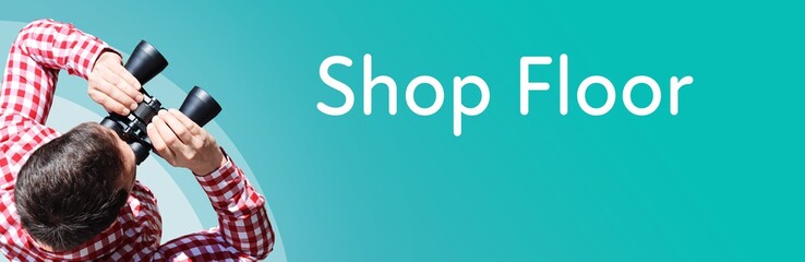 Naklejka premium Shop Floor. Businessman (man) looks through binoculars. Birds eye view. Focus on text. Blue Background. Business, Finance, Statistics, Analysis, Economy