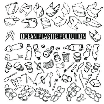 vector hand-drawn linear set on the theme of "ocean plastic pollution". the set consists of linear drawings of oceanic plastic trash: plastic bags, bottles, cups, tubes, spoons, forks, ear sticks