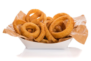 Takeaway box of fried onion rings isolated on white.