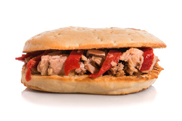 Tuna sandwich with red peppers isolated on white.