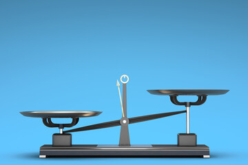 Unbalanced empty kettlebell scales on a blue background.