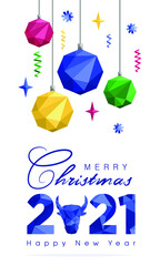 2021 Merry Christmas and Happy New Year blue lettering on a white background with balls and year symbol logo. Vector illustration of polygonal blue numbers logo 2021