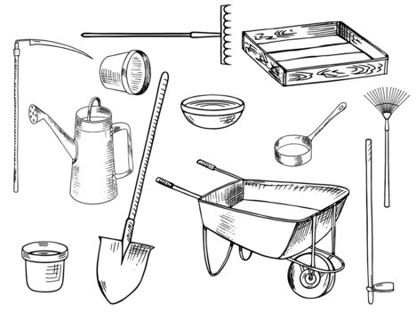 A set of garden tools. Black and white image of a garden cart, shovel, rake, box, pots, watering can, scythe, hoe on a white background.