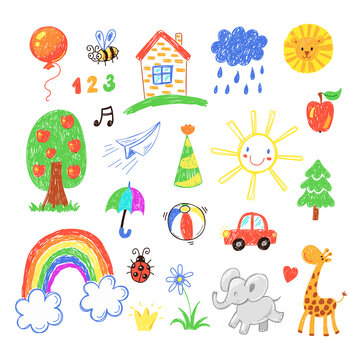 Collection of cute childrens drawings of house, toys, animals, nature, objects