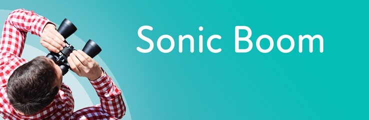 Fototapeta premium Sonic Boom. Businessman (man) looks through binoculars. Birds eye view. Focus on text. Blue Background. Business, Finance, Statistics, Analysis, Economy