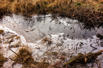 Close view of melting ice in a ditch
