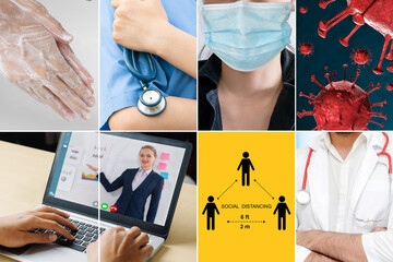 Coronavirus COVID-19 image set banner in concept of prevention information including safety precaution and doctor service to prevent spreading infection of covid-19 or 2019 Coronavirus Disease.