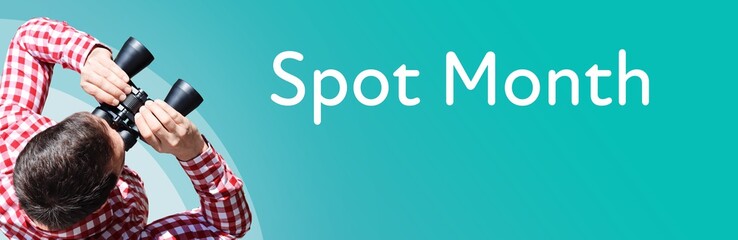 Fototapeta premium Spot Month. Businessman (man) looks through binoculars. Birds eye view. Focus on text. Blue Background. Business, Finance, Statistics, Analysis, Economy