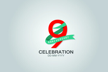 9 year anniversary blue ribbon celebration logotype. anniversary logo with Red text and Tosca Ribbons isolated on grey background, vector design for celebration, invitation vector