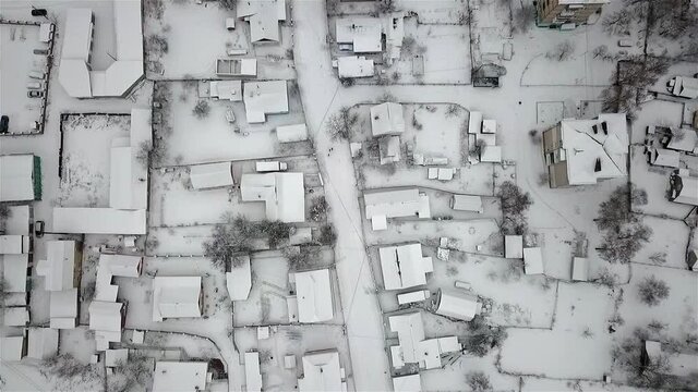 Aerial view of houses in poor areas of Ukraine in a village in winter