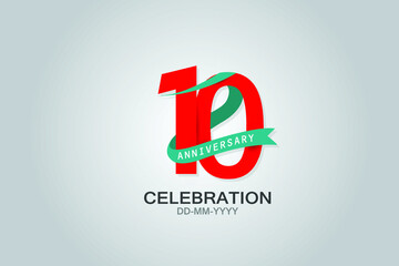 10 year anniversary blue ribbon celebration logotype. anniversary logo with Red text and Tosca Ribbons isolated on grey background, vector design for celebration, invitation vector