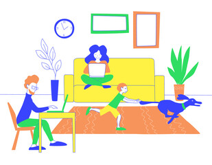 The concept of work from home.  Freelancers are working  with laptops while a child plays with a pet. Family: mom dad baby and dog. Stock vector simple flat illustration isolated on white background.