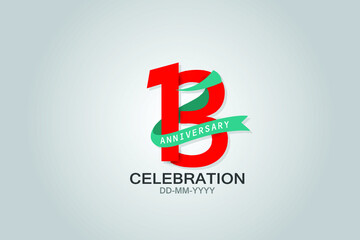 13 year anniversary blue ribbon celebration logotype. anniversary logo with Red text and Tosca Ribbons isolated on grey background, vector design for celebration, invitation vector