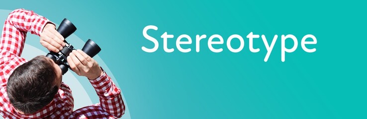 Stereotype. Businessman (man) looks through binoculars. Birds eye view. Focus on text. Blue...