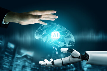 3D Rendering futuristic robot technology development, artificial intelligence AI, and machine...