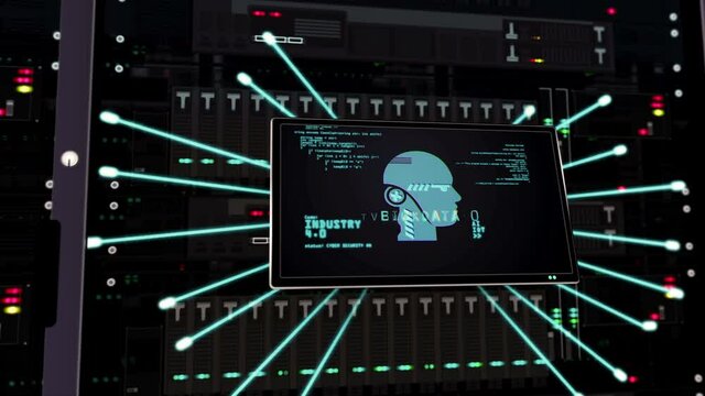 Industry 4.0, 5G and artificial intelligence symbols on datacenter. The concept of cyber technology, innovative business, big data 3D rendering animation. Expansion on server racks.