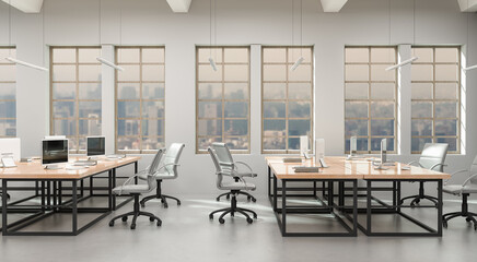 A modern office with large panoramic windows. Rows of tables, equipped workstations. 3d rendering.