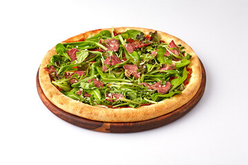 American fast food, American pizza, Italian food, Italian pizza, Italian cuisine, Pizza rocca & bacon, on wooden board isolated on white