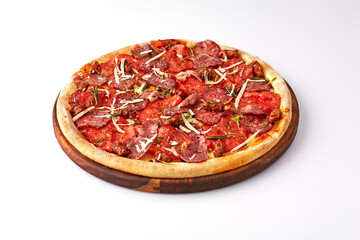 Italian food, Pizza Meat Lovers, on wooden board isolated on white background