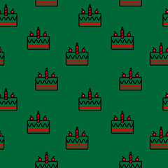 Seamless pattern of red cake with candle and cherry on green background. Hand drawing vector doodle icons of Christmas or birthday element. Repeating backdrop concept for paper printing, page fill.