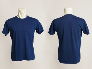 Blank navy blue tshirt template, from two sides, natural shapes on mannequins, for your mockup...