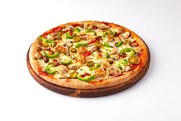 Italian food, Pizza chicken steak with mushroom, on wooden board isolated on white background