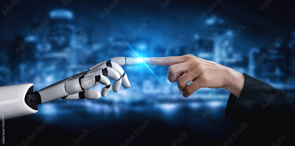 Poster 3d rendering artificial intelligence ai research of robot and cyborg development for future of peopl