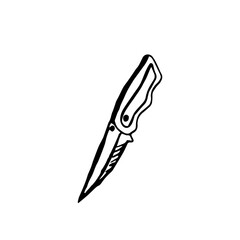Folding knife. Knife for hiking, picnics and camps, tourism. A sharp object is drawn by hand. Vector illustration in doodle style isolated on a white background.