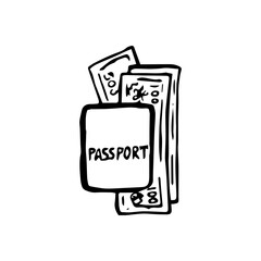 Passport with banknotes. Identity documents for travel, and money. Vector illustration of doodle style, isolated object on a white background.