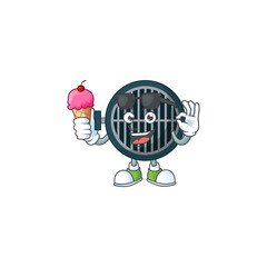 Happy face of grill cartoon mascot having an ice cream