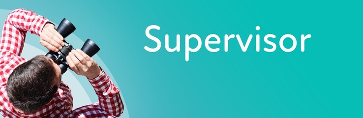 Naklejka premium Supervisor. Businessman (man) looks through binoculars. Birds eye view. Focus on text. Blue Background. Business, Finance, Statistics, Analysis, Economy