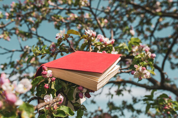 Obraz na płótnie Canvas A book in a red cover is hanging on a branch of a tree blooming in white flowers.